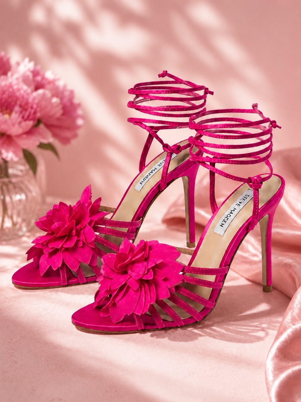 Steve Madden Jolisa Pink Open Toe Heel Sandals with Oversize Flower Detail